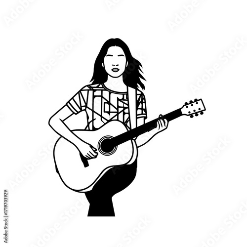 Black and white line art of a cool woman playing guitar in casual outfit minimalist stylish illustration