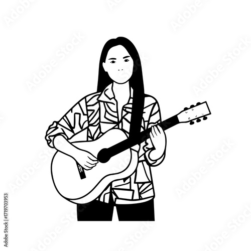 Black and white line art of a cool woman playing guitar in casual outfit minimalist stylish illustration