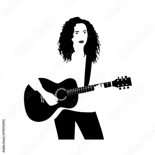 Black and white line art of a cool woman playing guitar in casual outfit minimalist stylish illustration