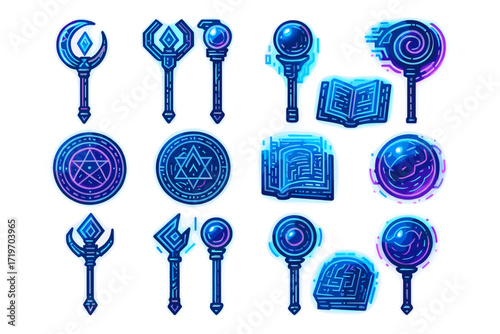 Collection of magical artifacts: staffs, orbs, books, and symbols with mystical glows