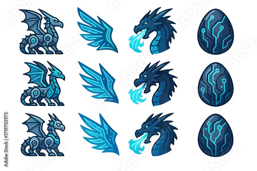 Set of robotic and cyber dragon designs with wings, heads, and eggs
