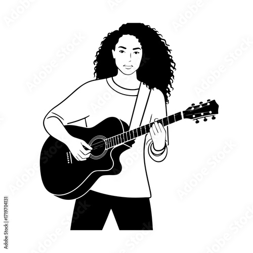 Black and white line art of a cool woman playing guitar in casual outfit minimalist stylish illustration