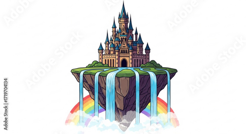 A magnificent castle perched atop a floating island with cascading waterfalls and a vibrant rainbow, , creating a fantasy scene
