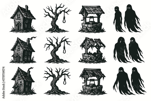 Haunted house and ghostly figures: eerie tree and well illustrations