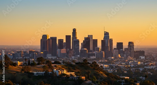 Golden Hour Portrait of Los Angeles Skyline from Griffith Observatory with Warm Sunset Glow