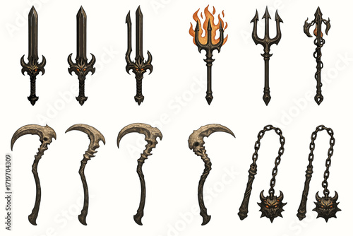 Fantasy weapons collection: swords, tridents, flails, scythes with ornate designs and fiery accents