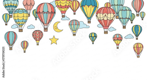 A whimsical collection of colorful hot air balloons floating against a, , creating a dreamy and festive atmosphere