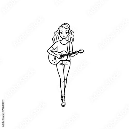 Black and white line art of a cool woman playing guitar in casual outfit minimalist stylish illustration