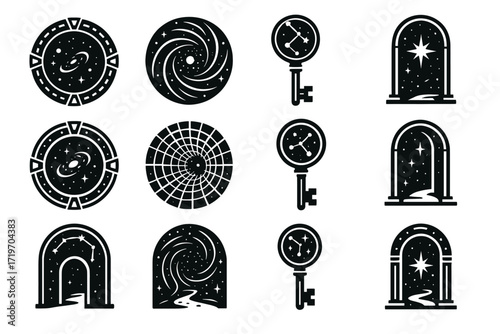 Cosmic symbols and keys: stargates, galaxies, and portals in black and white icon set