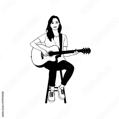 Black and white line art of a cool woman playing guitar in casual outfit minimalist stylish illustration
