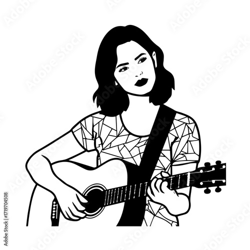 Black and white line art of a cool woman playing guitar in casual outfit minimalist stylish illustration