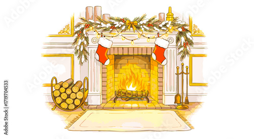 A festive fireplace decorated with stockings and garlands, surrounded by candles and firewood, in a cozy living room setting, viewed from the front.