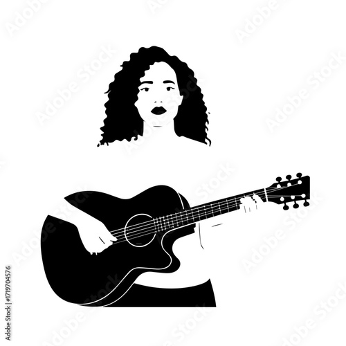 Black and white line art of a cool woman playing guitar in casual outfit minimalist stylish illustration