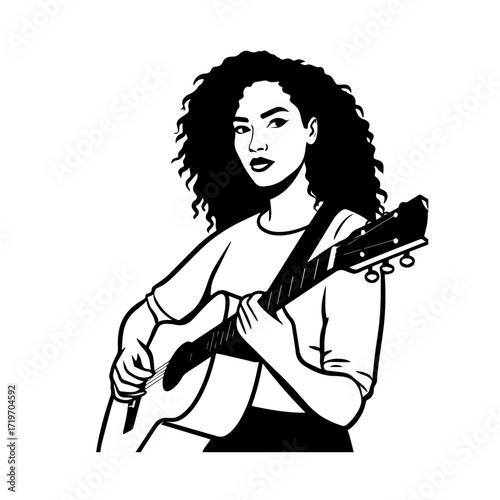 Black and white line art of a cool woman playing guitar in casual outfit minimalist stylish illustration