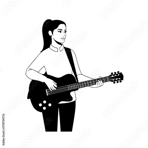 Black and white line art of a cool woman playing guitar in casual outfit minimalist stylish illustration