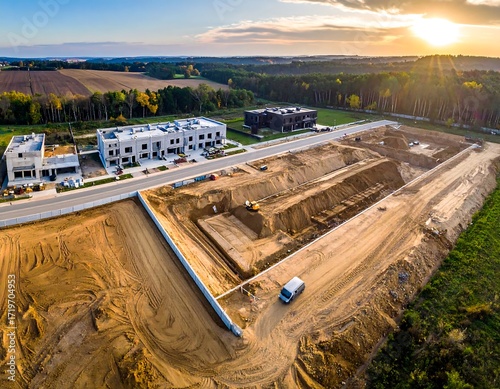 Aerial view of a new construction site with a network of trenches