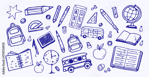 Hand-drawn doodle illustration of back to school elements like books, pencils, backpack, chalkboard, apple, globe, and school bus. Playful sketch line art for education, kids, and learning designs.