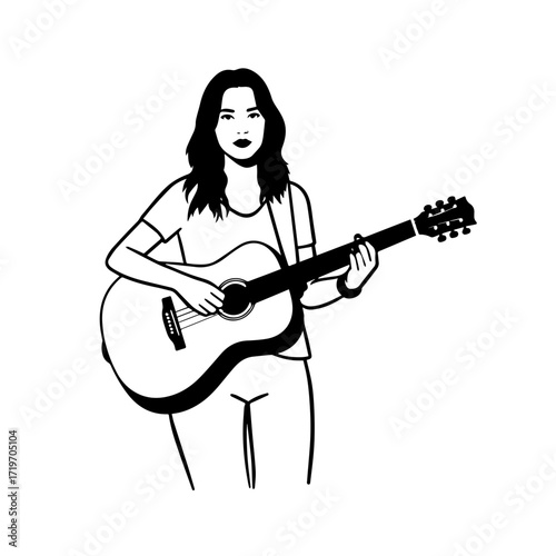 Black and white line art of a cool woman playing guitar in casual outfit minimalist stylish illustration
