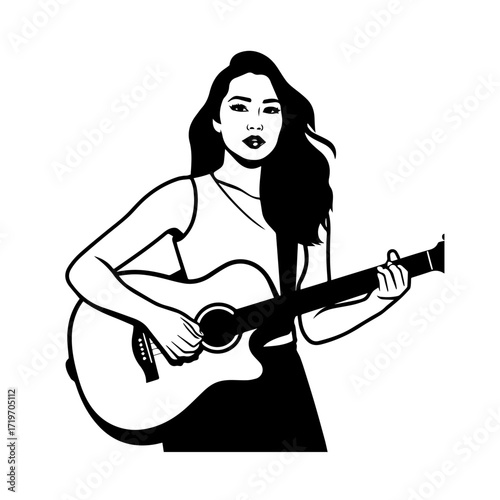 Black and white line art of a cool woman playing guitar in casual outfit minimalist stylish illustration