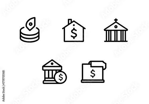 A set of vector outline icons representing key financial and banking elements. They include icons for savings, home financing, investment, bank building, dollar sign and financial statement.