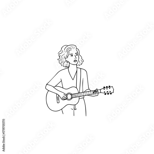 Black and white line art of a cool woman playing guitar in casual outfit minimalist stylish illustration