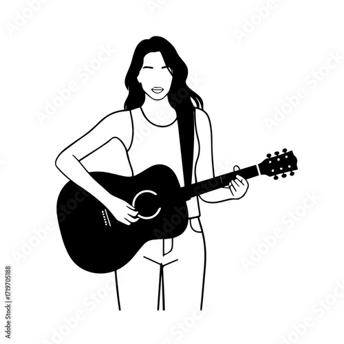 Black and white line art of a cool woman playing guitar in casual outfit minimalist stylish illustration