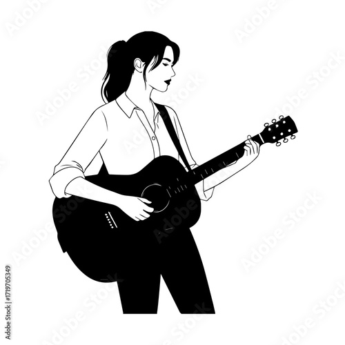 Black and white line art of a cool woman playing guitar in casual outfit minimalist stylish illustration