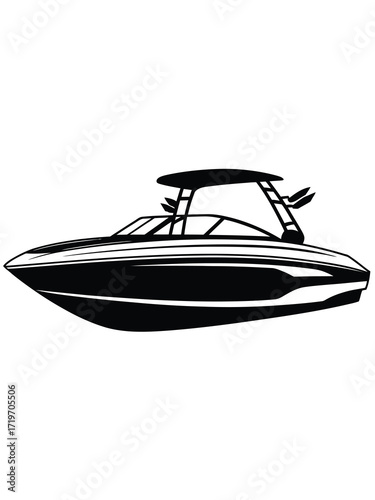Sleek modern speedboat with canopy and tinted windows
