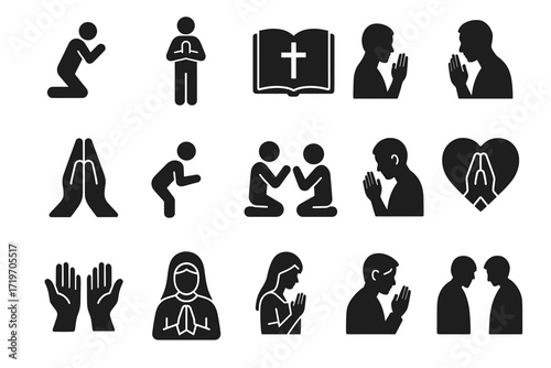 Silhouette icons of prayer and worship activities in various poses