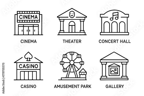 Icon set of entertainment venues: cinema, theater, concert hall, casino, amusement park, gallery