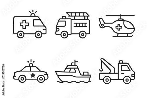 Set of emergency vehicles icons including ambulance, fire truck, helicopter, police car, boat, tow truck