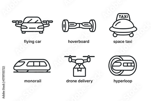 Futuristic transportation icons: flying car, hoverboard, space taxi, monorail, drone delivery, hyperloop