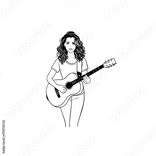 Black and white line art of a cool woman playing guitar in casual outfit minimalist stylish illustration