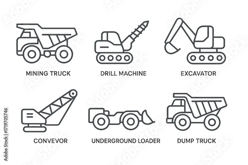 Construction equipment icons featuring mining truck, excavator, and drill machine