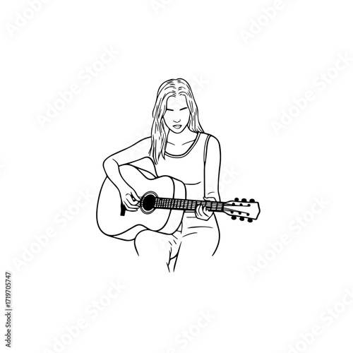 Black and white line art of a cool woman playing guitar in casual outfit minimalist stylish illustration