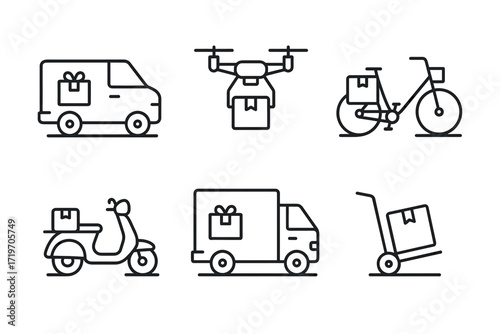 Line art delivery icons: van, drone, bike, scooter, truck, cart