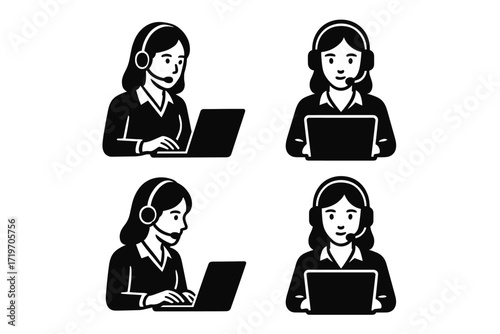 Female customer service representatives using laptops and headsets illustration