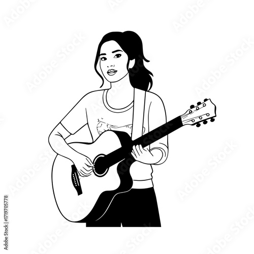 Black and white line art of a cool woman playing guitar in casual outfit minimalist stylish illustration