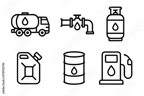 Fuel and gasoline icons: tanker, faucet, cylinder, canister, barrel, pump