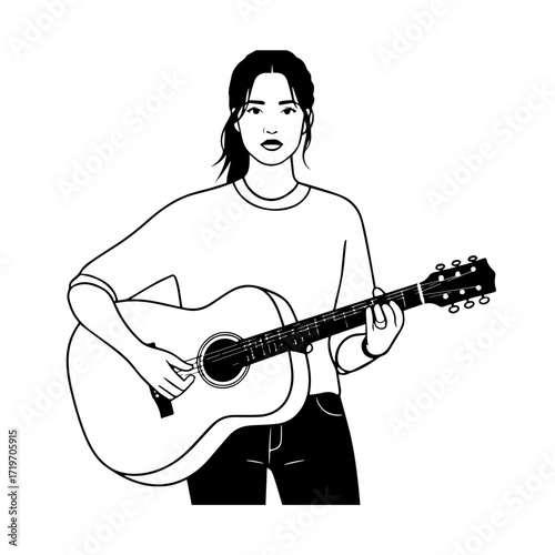 Black and white line art of a cool woman playing guitar in casual outfit minimalist stylish illustration
