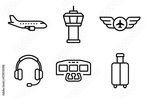Aviation icons: airplane, control tower, pilot wings, headset, cockpit, luggage outline