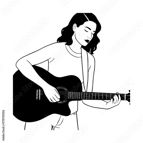 Black and white line art of a cool woman playing guitar in casual outfit minimalist stylish illustration
