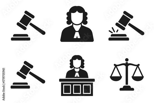 Legal icons set featuring judge, gavel, and scales of justice