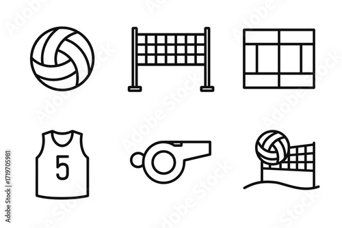 Volleyball equipment and court icons: ball, net, jersey, whistle