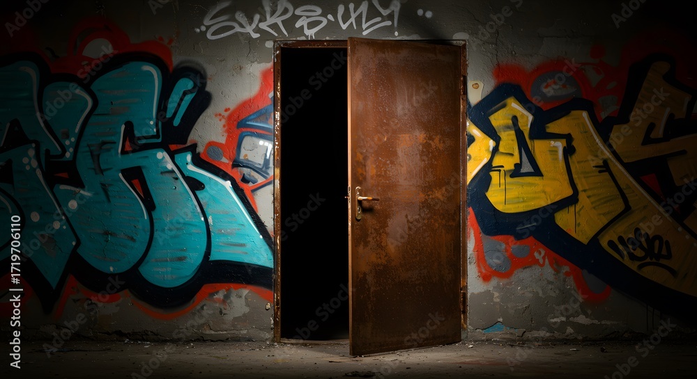 Obraz premium Rusty Metal Door in Graffiti Covered Wall in Abandoned Building