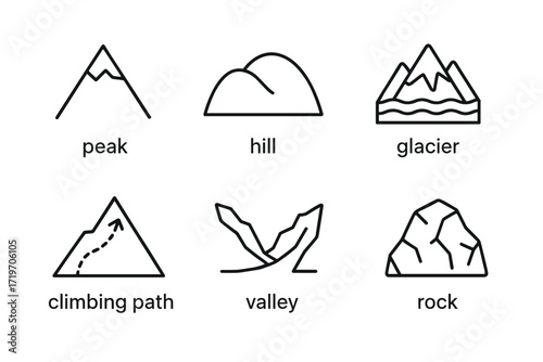 Mountain icon set: peak, hill, glacier, climbing path, valley, rock