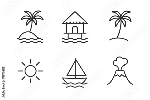 Minimalist tropical island icon set with palm, hut, sun, boat, volcano