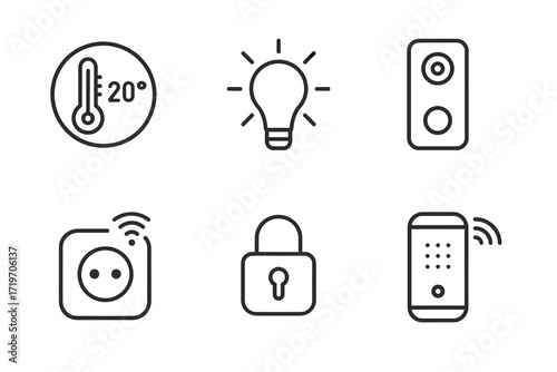 Smart home icon set: thermostat, light bulb, security camera, plug, lock, intercom