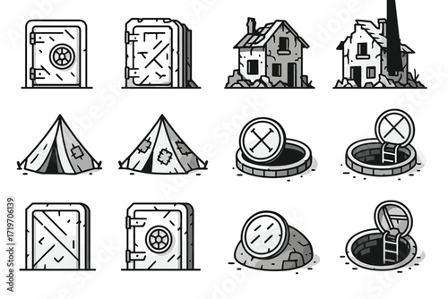 Collection of post-apocalyptic shelters and structures in monochrome design