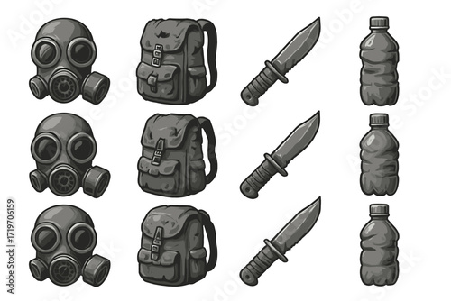 Survival gear set with masks, backpacks, knives, and water bottles